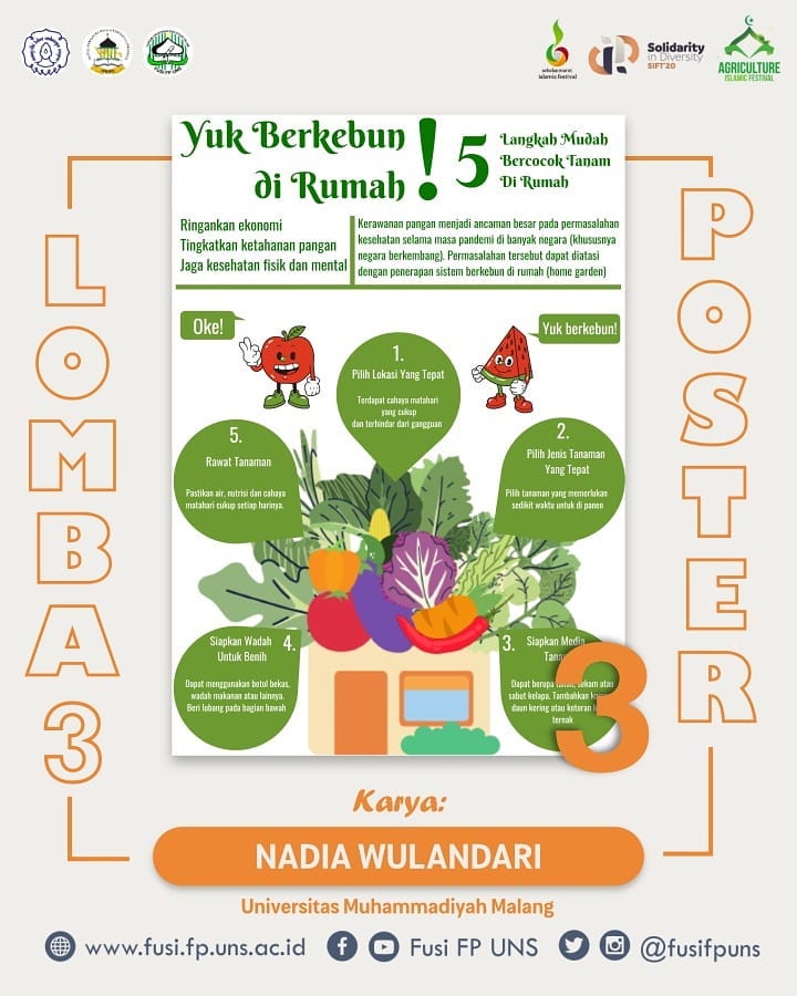 Salah Satu mahasiswa FIkes UMM, atas nama Nadia Wulandari, Mahasiswa Farmasi angakatan 2019, Memenangkan lomba poster ilmiah nasional. Ide yang diciptakan adalah dengan mengambil tema cara berkebun di rumah. Acara tersebut diselenggarakan oleh Universitas Negeri Semarang (UNS).