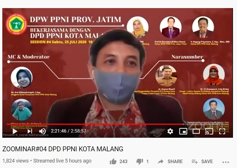 Seminar Nasional yang diselenggaran oleh PPNI Kota Malang yang bertemakan tentang "PENGELOLAAN COVID-19 BERBASIS PUSKESMAS SEBAGAI FRONT LINE YANKES DI MASYARAKAT". Seminar ini diselenggarakan pada tanggal 25 Juli 2020 Via ZOOM dan Youtube. Adapun salah satu pembicara dari seminar itu adalah Dr. Yoyok Bekti Prasetyo, yang merupakan dosen senior di FIKES UMM. 